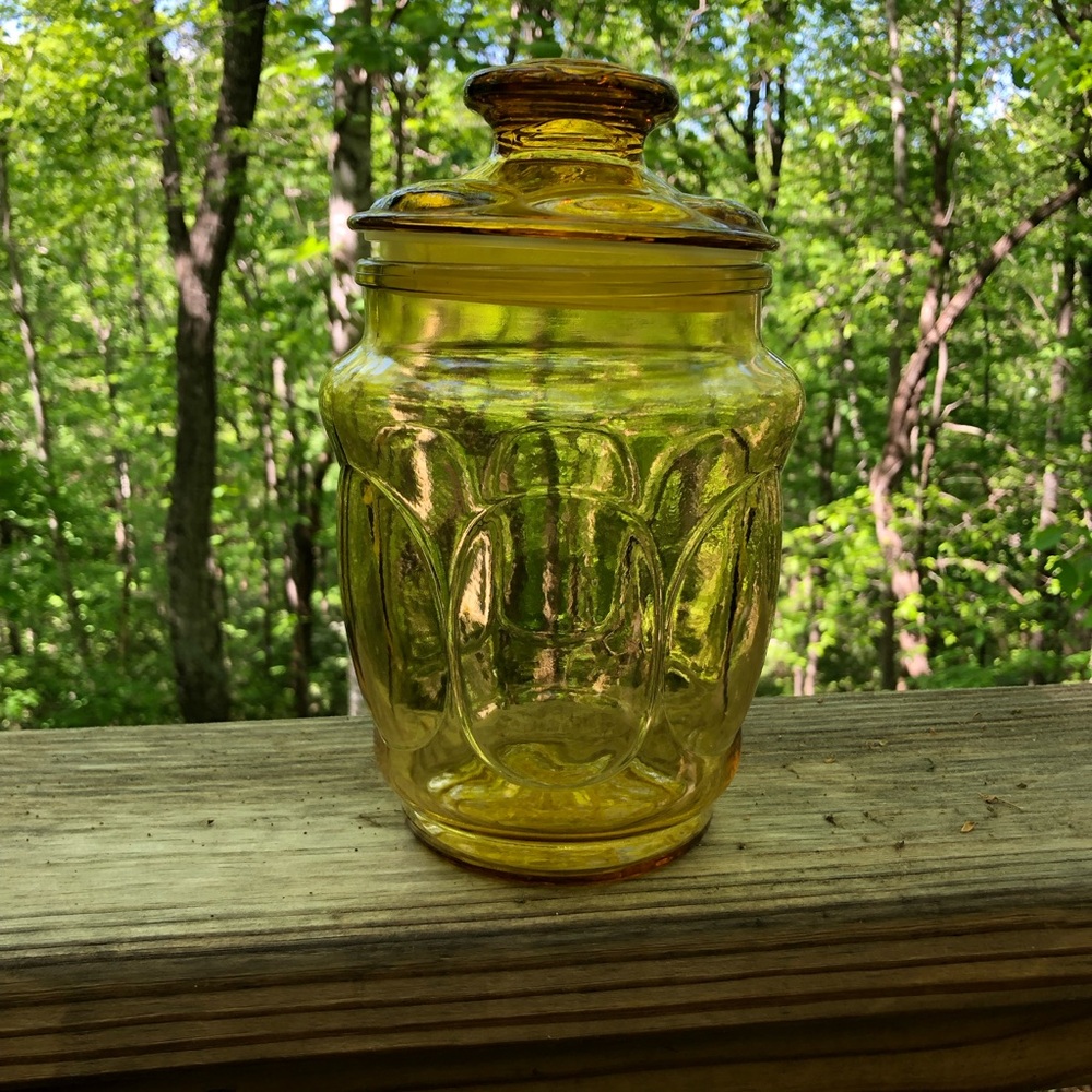 LE Smith Vintage Gold Amber thumbprint Glass Canister with Lid